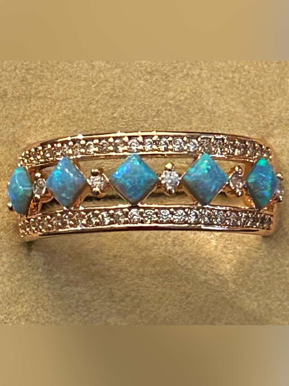 Rose Gold Square Cut Blue Lab Opal Eternity Band Ring w/Cubic Zirconia Accents